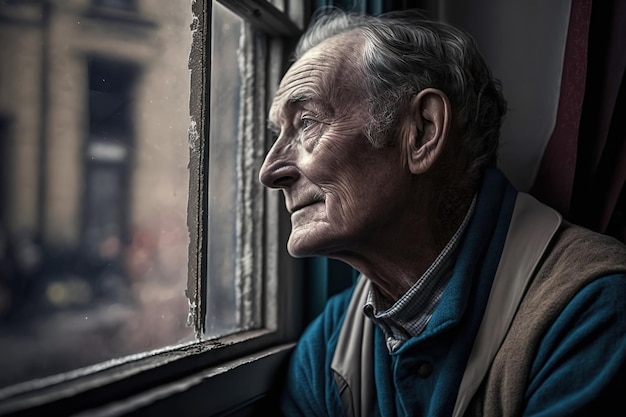 A man looks out of a window, looking out of a window.