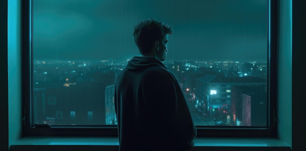 A man looks out of a window at night.