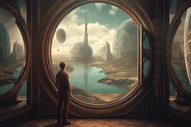 A man looks out of a window at a planet.