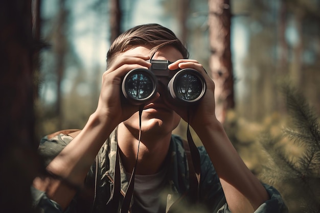 Man looks through binoculars in forest Male adventurer nature observing tool Generate ai