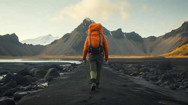 Foto man loopt de weg af met rugzak