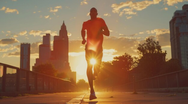 Man loopt en atleet op een ochtend run in de stad voor training fitness en workout zelfverzekerd