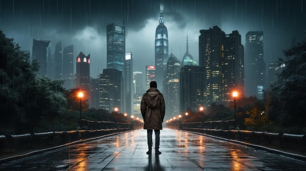 Man loopt in de regen met de skyline van de stad op de achtergrond