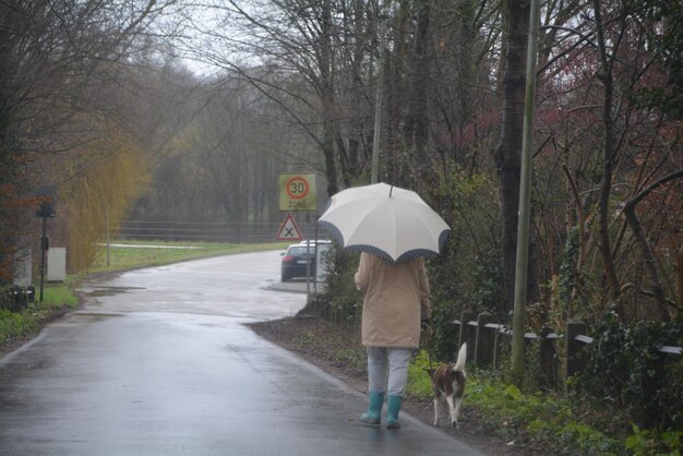 Foto man loopt met hond op de weg