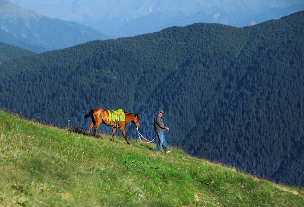 Man loopt met paard op de berg.