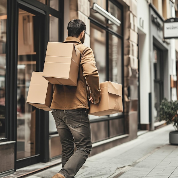 Man lopen met dozen op de rug