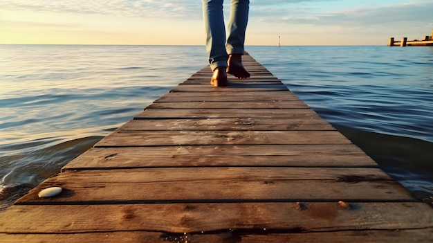 man lopen op houten pier op het strand