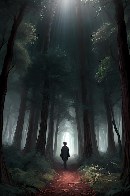 키 큰 나무가 있는 어두운 숲에서 길을 잃은 남자