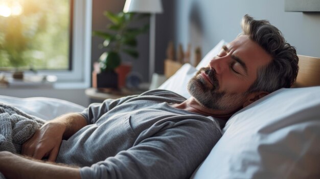 Foto l'uomo sdraiato in camera da letto con un buon sonno come concetto di salute e benessere