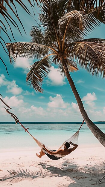 a man lying in a hammock on beach