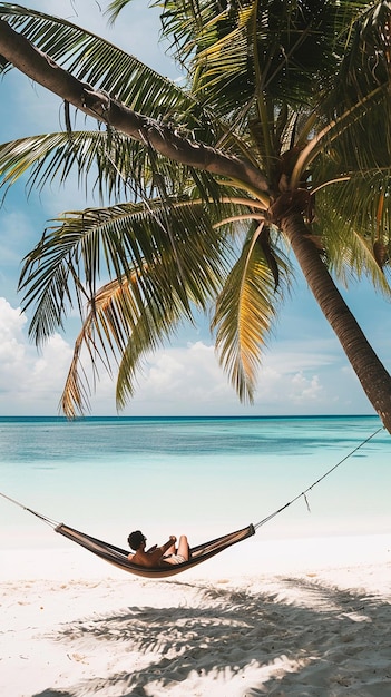 a man lying in a hammock on beach