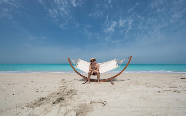 man lying on a hammock resting on the beach