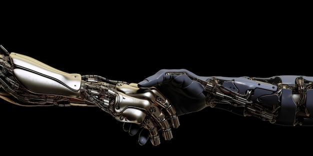 Man and machine unite in a symbolic handshake between a businessman and a cyborg Generative AI