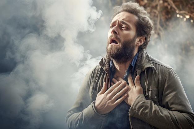 A man mad and stressed coughs and clutches his chest due to the strong smoke feeling the unhealthy impact on his lungs