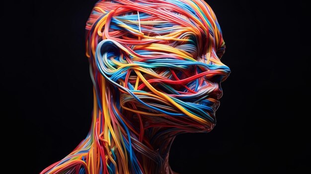 Photo man made of multicolored electronic wires human wires