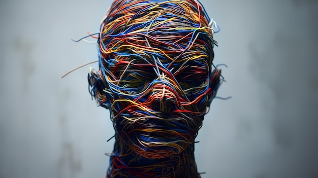 Photo man made of multicolored electronic wires human wires