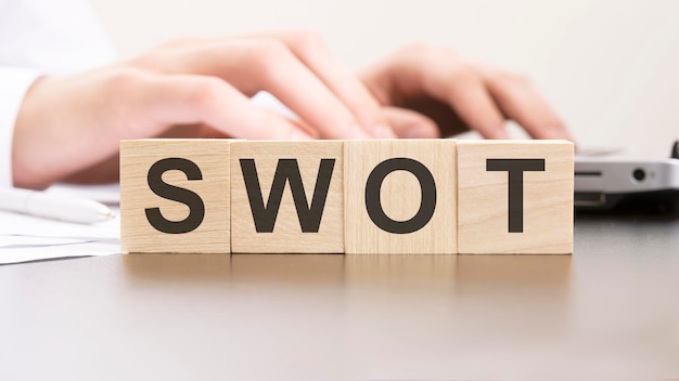 Man made word SWOT with wood blocks on the background of the office table selective focus business concept