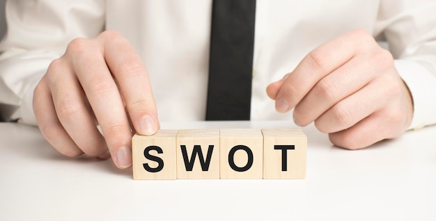 나무 블록으로 사람이 만든 단어 SWOT