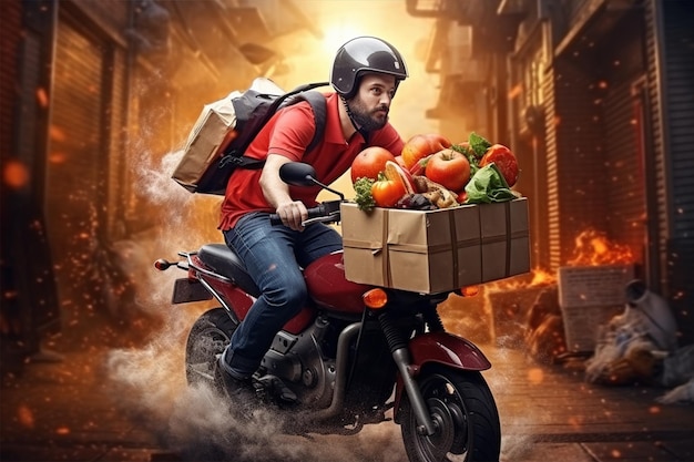 Photo a man makes fast and free food delivery on a motorcycle