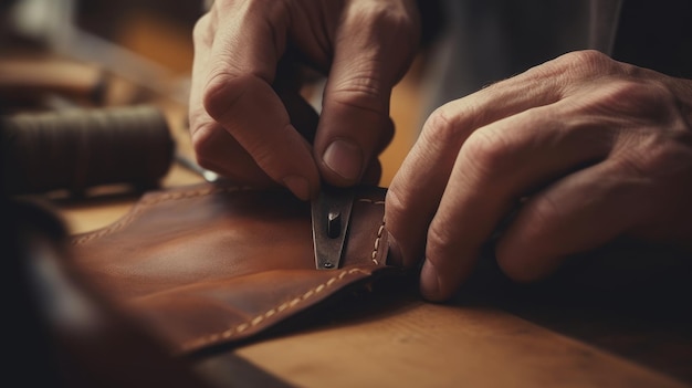 Man makes a leather wallet Generative AI