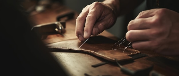 Photo man makes a leather wallet generative ai