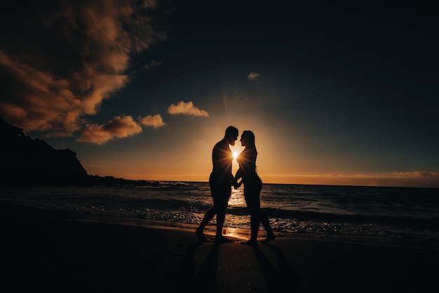 A man makes an offer with a wedding ring to his girlfriend on the sea beach. sunset romantic i said yes