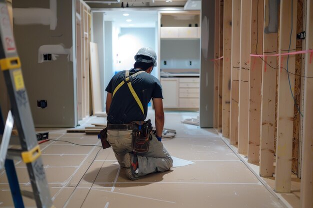 A man makes a wardrobe in a dressing room The master repairs the cabinet