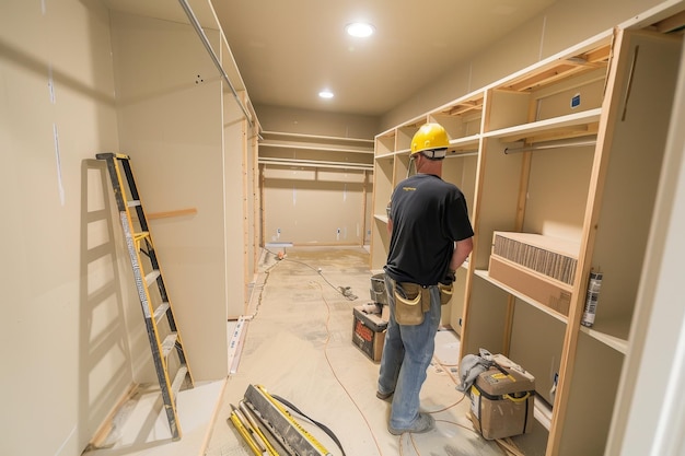 A man makes a wardrobe in a dressing room The master repairs the cabinet