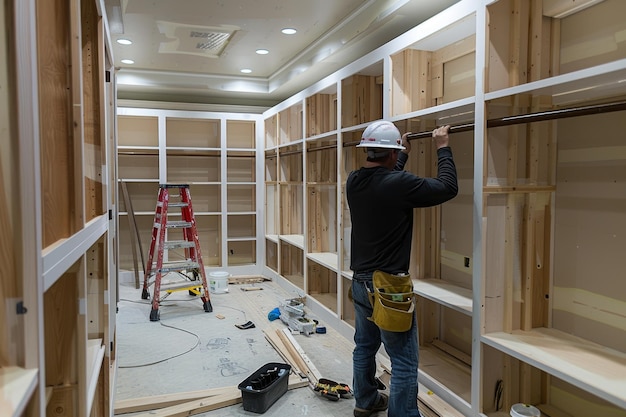 A man makes a wardrobe in a dressing room The master repairs the cabinet