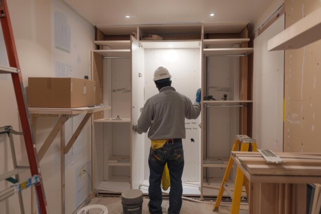 A man makes a wardrobe in a dressing room The master repairs the cabinet