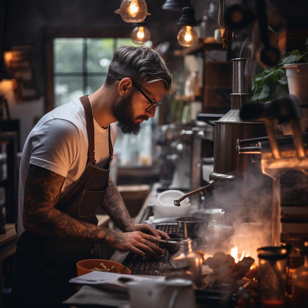 A man making coffee in cafe