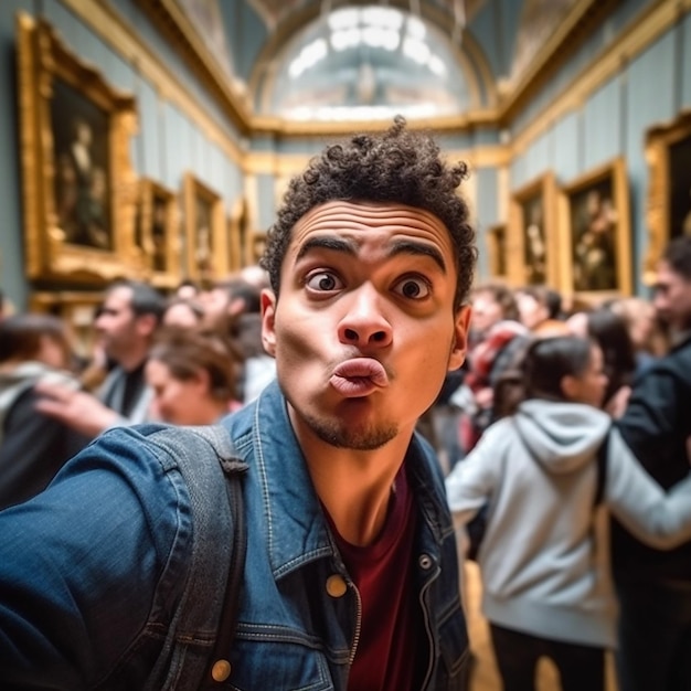 A man making a funny face in a museum