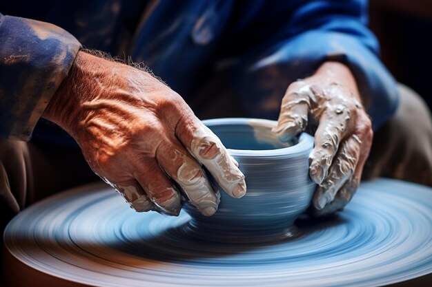 輪を投げるボケスタイルの背景で陶器を作る男