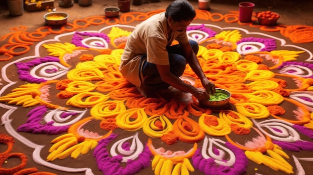 Photo man making rangoli from petals at the entrances of the house