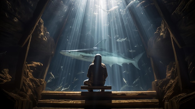 man man onderzoekt het waterleven in een aquarium tegenover silhouet concept