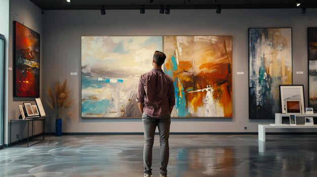 A man in a maroon shirt and gray pants stands in an art gallery looking at two large abstract paintings