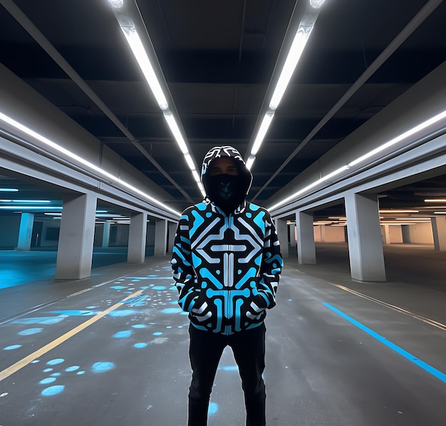 Photo a man in a mask and a dark hoodie on the background of a night underground parking ai generative