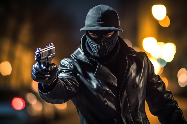 A man in a mask holding a gun in front of a street lights