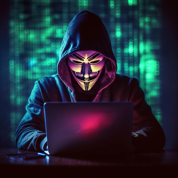 A man in a mask is using a laptop with green numbers in the background.