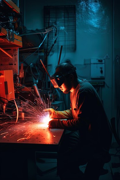 a man in a mask is working on a metal piece with a sparks flying out of it