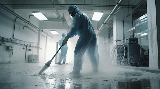 A man in a mask and a mask is cleaning a concrete floor.