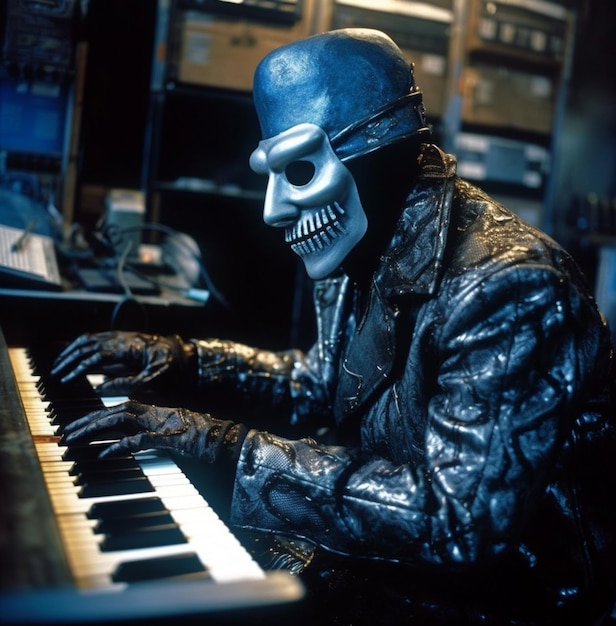 A man in a mask plays the piano in front of a keyboard.