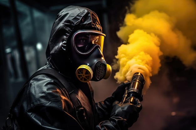 マスクと保護服を着た男が毒ガスを噴射する