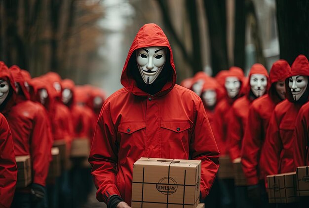 Photo the man in the mask and a red coat is carrying boxes in the style of drugcore