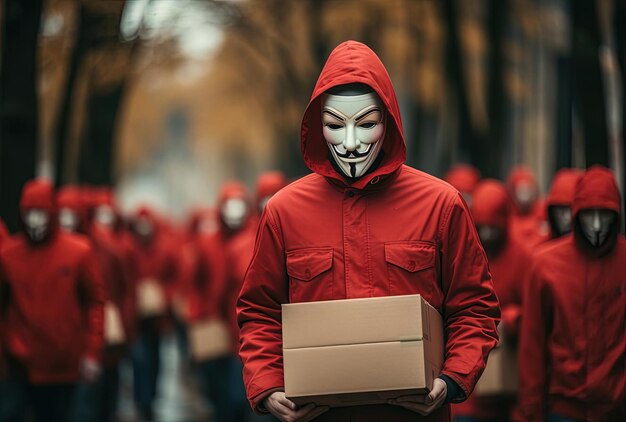 Photo the man in the mask and a red coat is carrying boxes in the style of drugcore