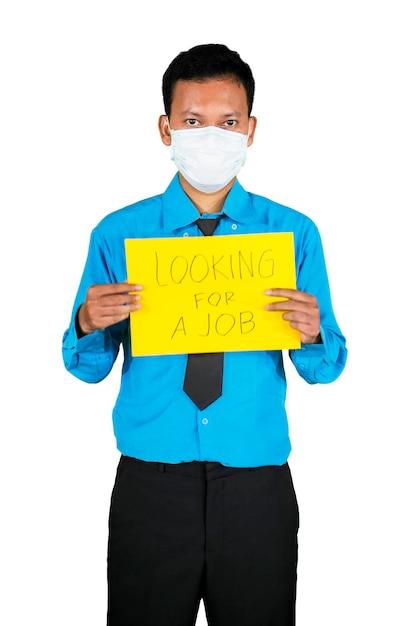 Man in mask showing text of Looking for a Job