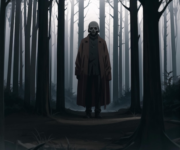 A man in a mask stands in a dark forest