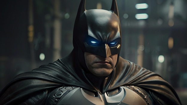 마스크를 입은 남자가 어두운 방에 서서 배트맨이라는 표지판을 들고 있다.