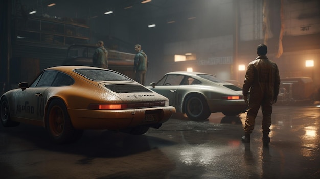 A man in a mask stands in front of a porsche 911 with a red car behind him.