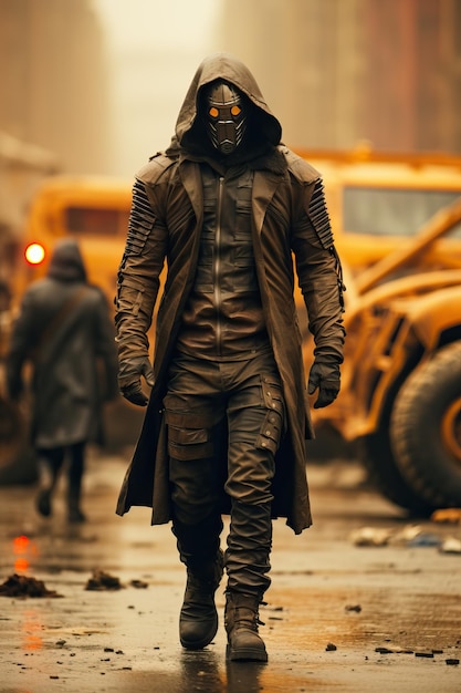 a man in a mask walking on a street